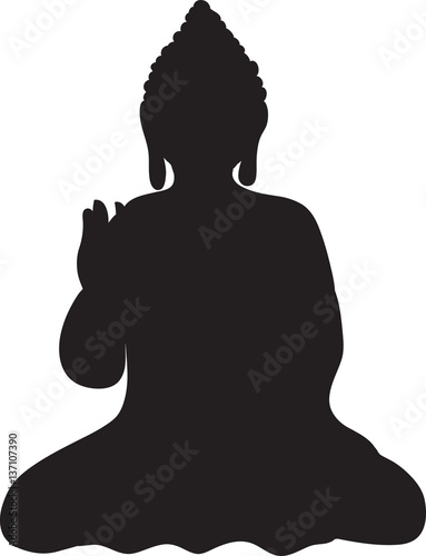 Drawing the black silhouette of sitting buddha on a white background. Hand drawn vector stock illustration