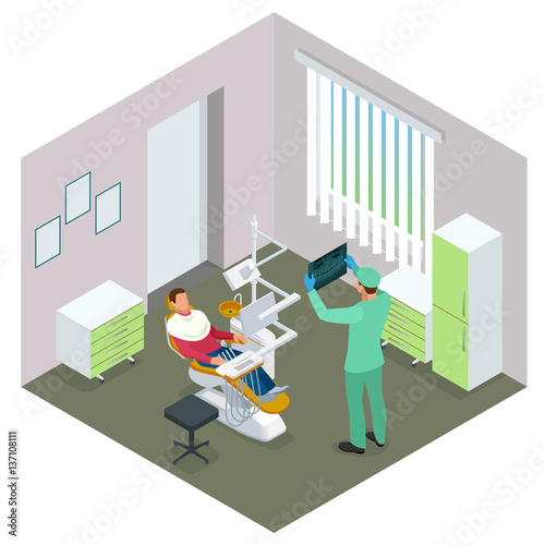 Isometric Modern dental practice. Dental chair and other accessories used by dentists in blue, medic, reception, detail dental panoramic radiograph equipment. Flat vector concept