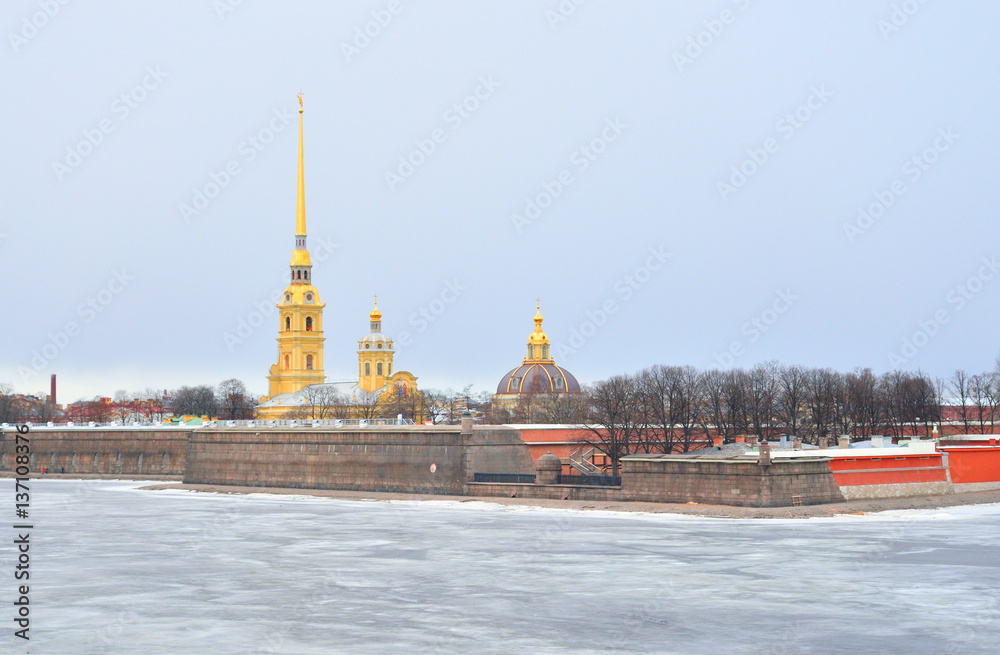 Frozen River Neva and Peter Paul Fortress.