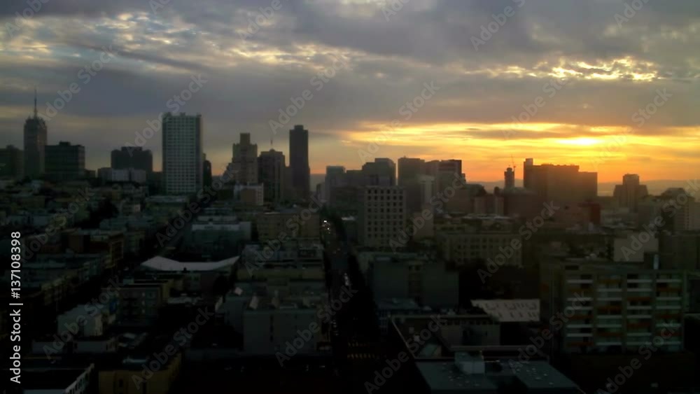 Scenic of San Francisco skyline at dawn as the sun rises. Scenic of San Francisco skyline at dawn as the sun rises.