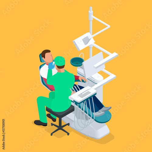 Isometric dentist examining mans teeth in the dentists chair. Medicine concept