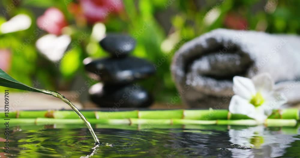 At a spa or health club, dropping a pure water drop from a leaf. background lavender scented environment. Concept: relaxation, wellness, body care, spa, nature, and aromatherapy and scents