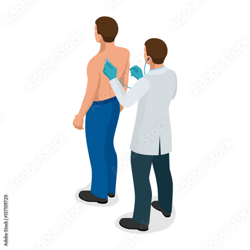 Male doctor examining a patient with stethoscope at hospital. Isometric vector illustration for medicine or healthcare design.