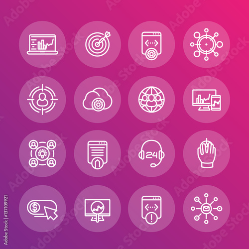 seo line icons set, search engine optimization, website analysis, indexing, digital marketing