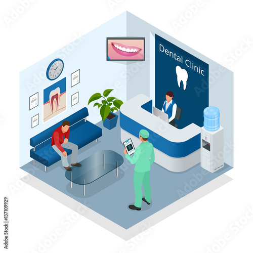Isometric Modern dental practice. Dental chair and other accessories used by dentists in blue, medic, reception, detail dental panoramic radiograph equipment. Flat vector concept