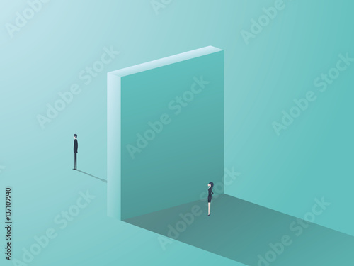 Business gender inequality concept with businessman and businesswoman symbol and huge wall between them.
