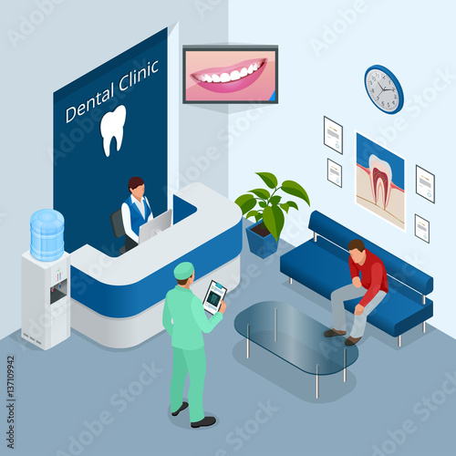 Isometric Modern dental practice. Dental chair and other accessories used by dentists in blue, medic, reception, detail dental panoramic radiograph equipment. Flat vector concept