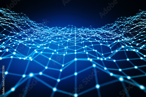Floating white and blue dot network 3D rendering