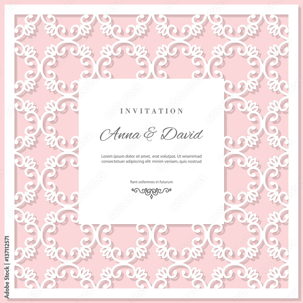 Wedding invitation card template with laser cutting frame. Pastel pink and white colors.