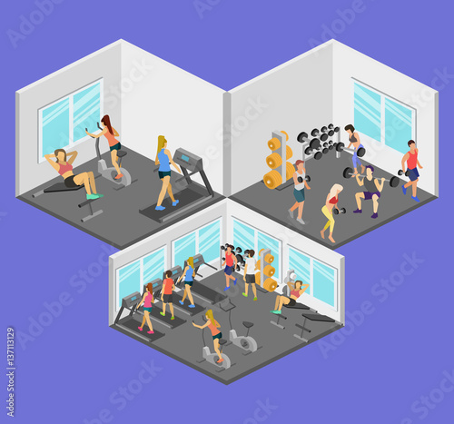 Isometric interior of gym. People involved in sports
