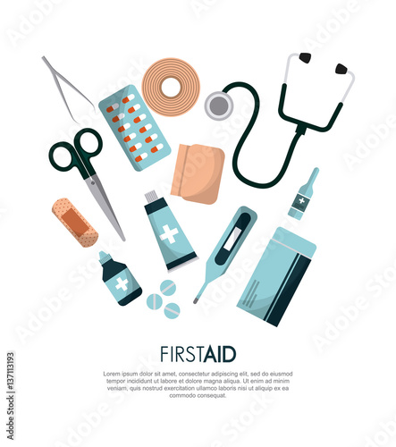 first aid box medicine equipment over white background. colorful design. vector illustration