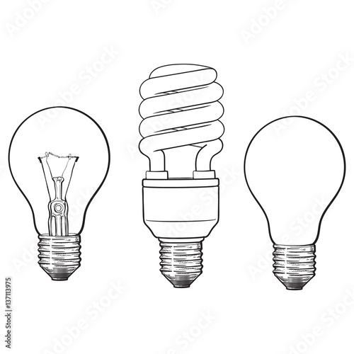 Set of transparent, opaque, glowing and energy saving spiral electric bulb, sketch style vector illustration isolated on white background. hand drawing of round and spiral light bulbs