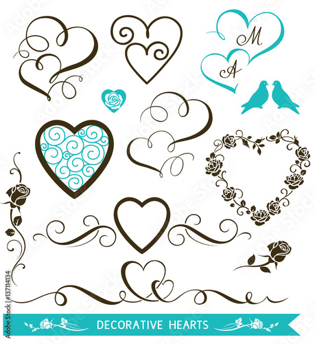 Set of decorative calligraphic hearts for wedding design. Valentine's Day hearts and floral love elements. Vector illustration