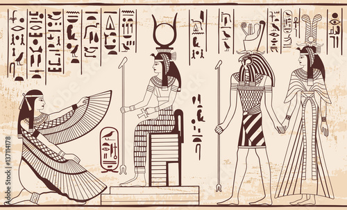 Vector illustration of Egyptian national drawing. Image of gods ornament hieroglyphs.