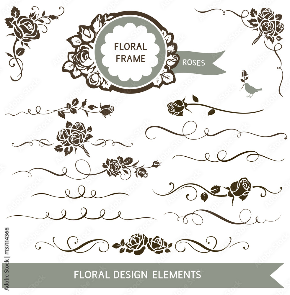 Set of floral calligraphic elements. Vector roses and wedding design elements Set of floral calligraphic elements. Vector roses and wedding design elements