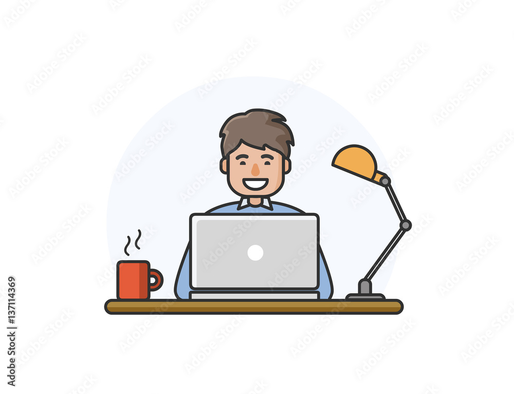 Vector illustration of happy man working on computer. Vector illustration of happy man working on computer.