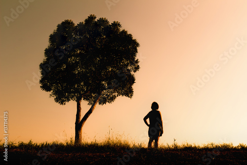 Picture Silhouette, woman standing under a tree.