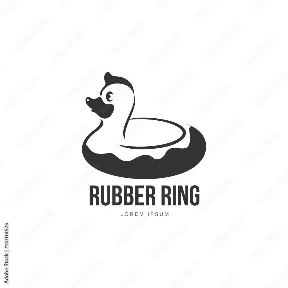 Obraz premium Logo template with rubber duck swimming ring, vector illustration isolated on white background. Silhouette, side view graphic dack shaped rubber ring logotype, logo design