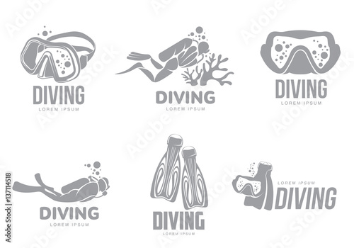 Set of black and white graphic diving logo templates with divers, mask, flippers, vector illustration isolated on white background. Graphic scuba diving, snorkeling logotype, logo design