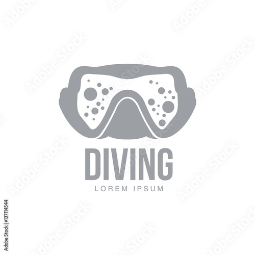 Black and white graphic diving logo template with diver mask, vector illustration isolated on white background. Scuba diving, snorkeling logotype, logo design with stylized mask, front view