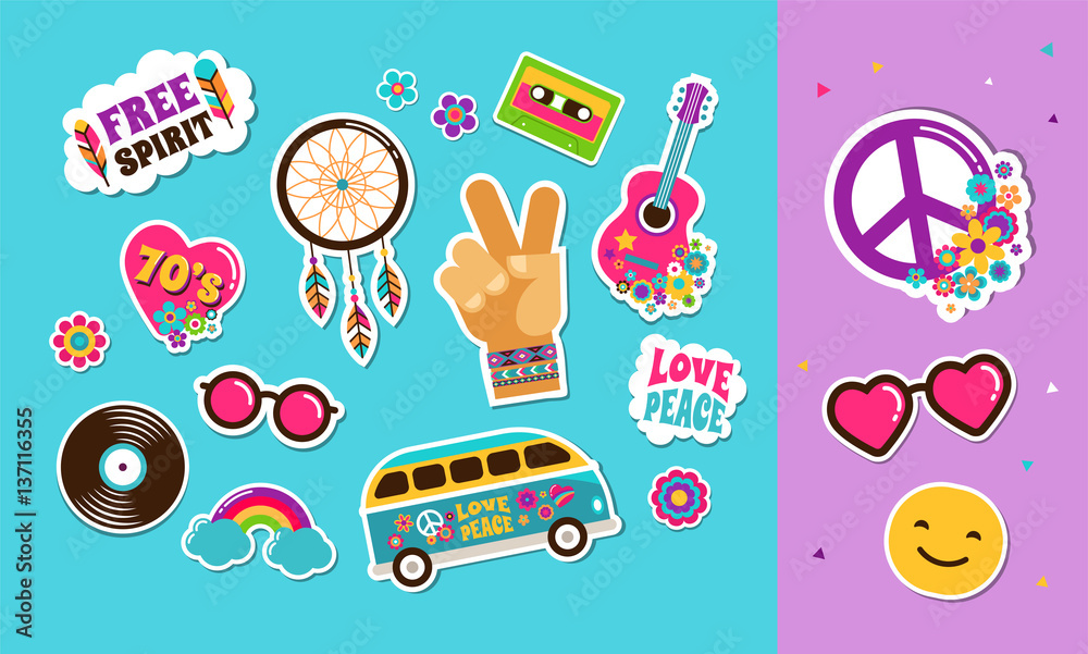 Naklejka premium Hippie, bohemian stickers, pins, art fashion chic patches, pins, badges and icons