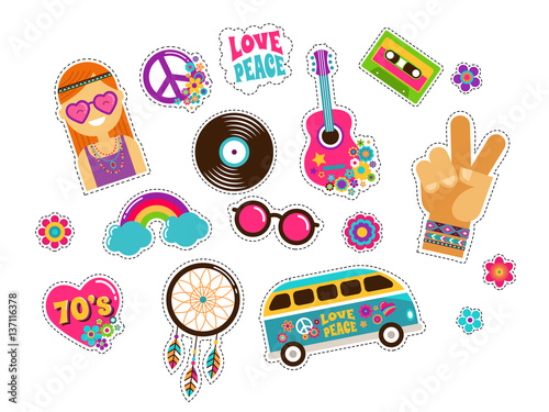 Hippie, bohemian stickers, pins, art fashion chic patches, pins, badges and icons