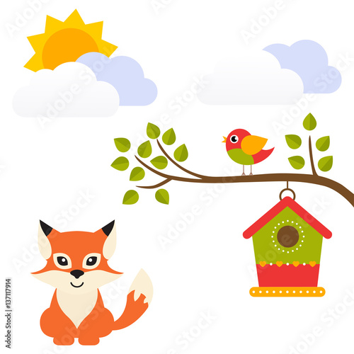 cartoon bird with birdhouse on a branch and fox vector