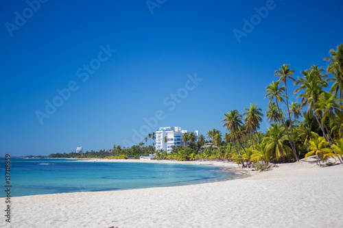 Tropical sand Beach on the Caribbean sea. Clear blue sea and high palm trees 