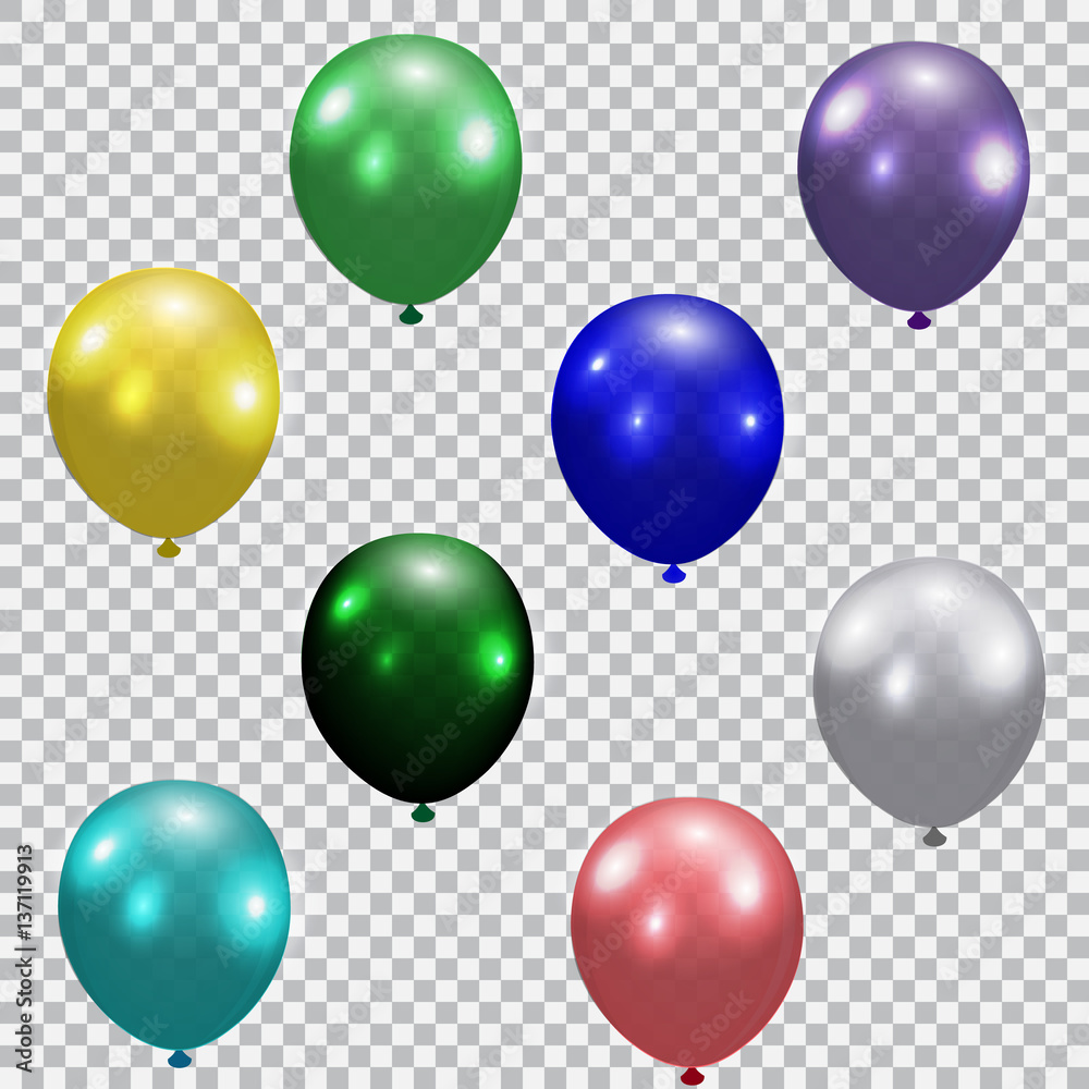 Set of celebratory balloons. Realistic, semi-transparent, colorful. Checkered background. illustration