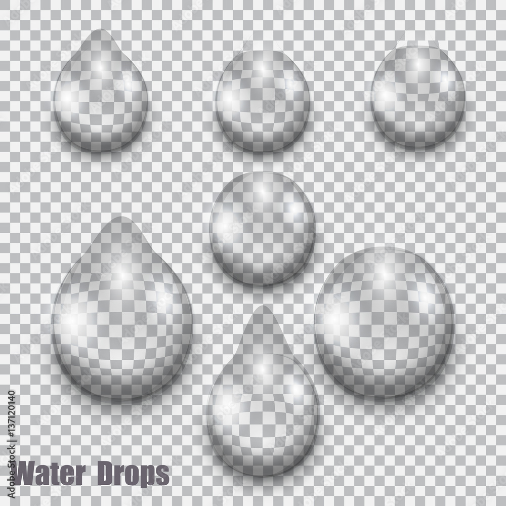 A set of transparent water drops on checkered background, illustration