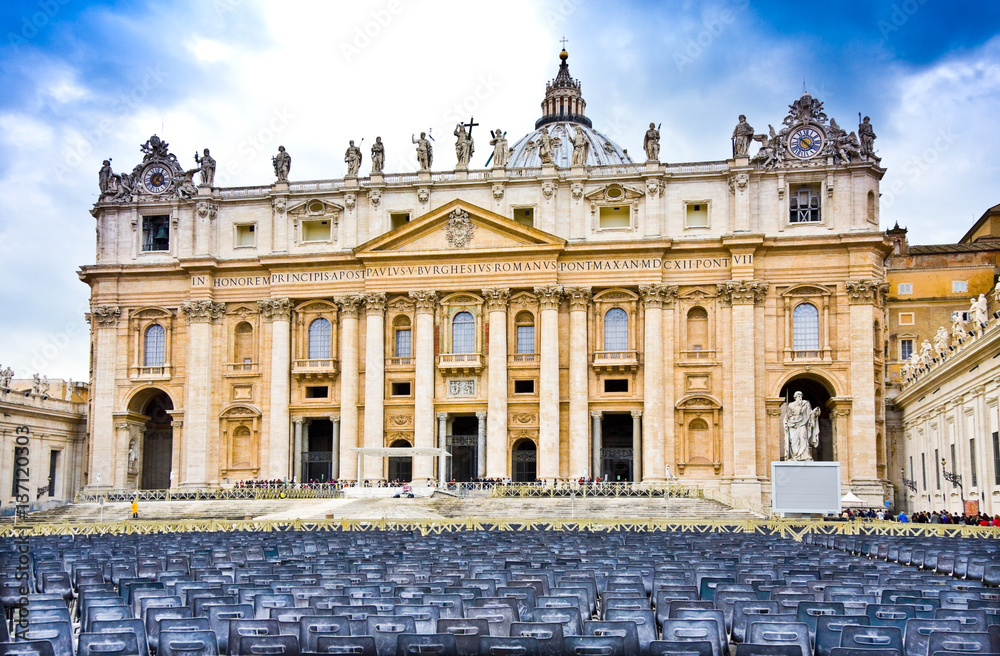 Rows of old empty chairs on square, Vatican
