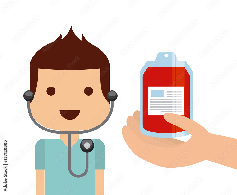medical doctor with hand and blood bag over white background. donation blood concept. colorful design. vector illustration