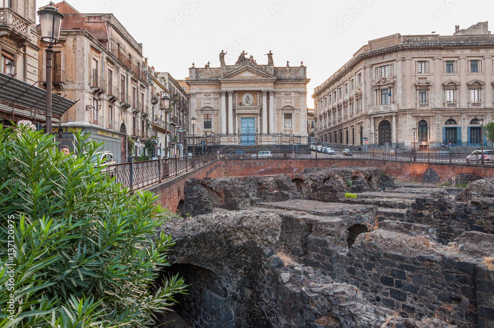 Remains of the Roman amphitheater at the Stesicoro square in Catania, Italy