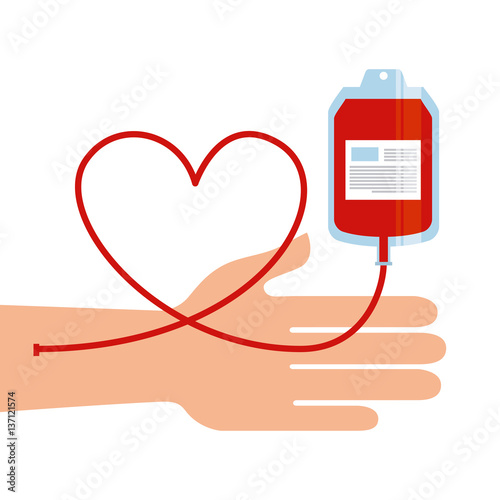 hand with blood bag icon over white background. donation blood concept. colorful design. vector illustration
