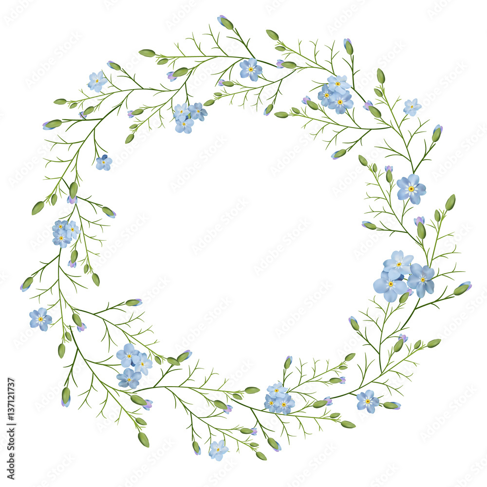 Beautiful greeting card with a wreath of spring blue flowers on white background
