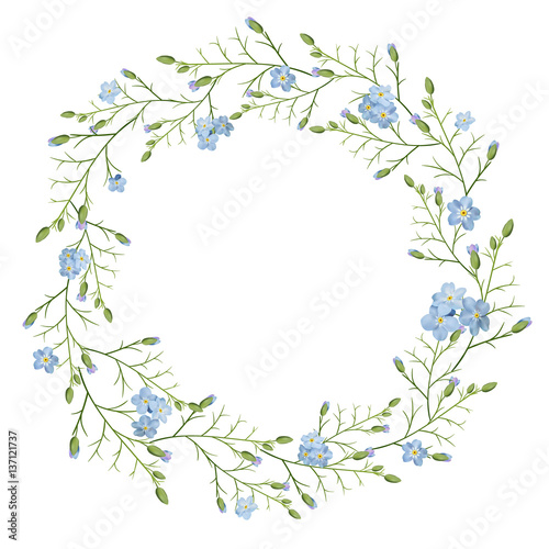 Beautiful greeting card with a wreath of spring blue flowers on white background © janevasileva