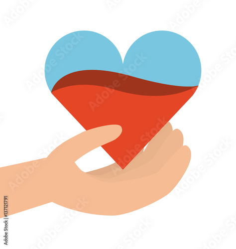 hand holding a heart with blood over white background. donation blood concept. colorful design. vector illustration
