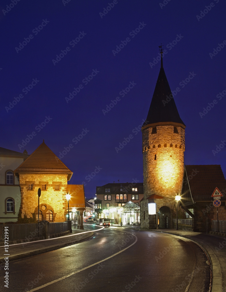 Street and Hexenturm tower in Bad Homburg. Germany