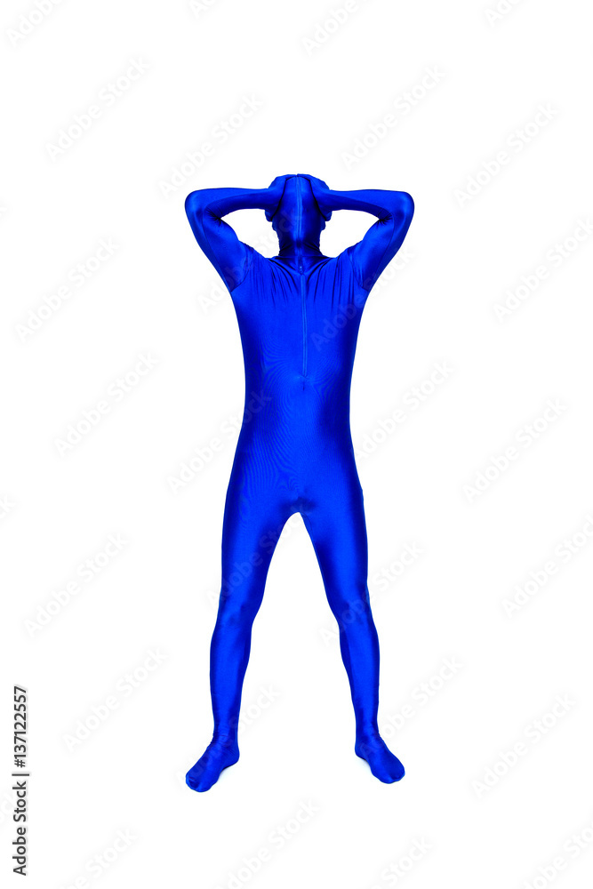 Mysterious blue man in morphsuit