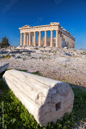 Parthenon temple with column on the Acropolis in Athens, Greece