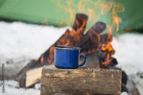 .Mug stands on a log near the fire at a campsite