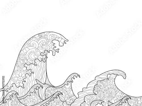 The Great Wave off Kanagawa coloring book for adults vector photo