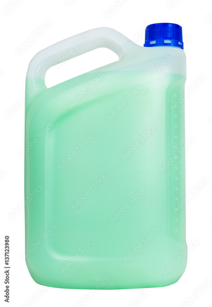 side view of plastic jerrycan with green liquid side view of plastic jerrycan with green liquid