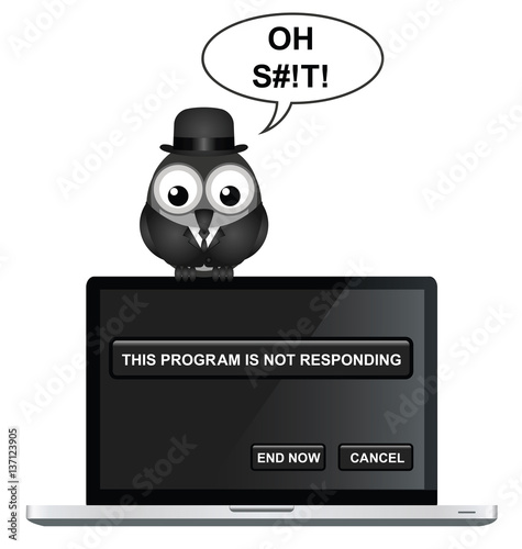 Comical bird businessman not too happy with his computer 