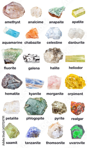 collection of various raw minerals with names