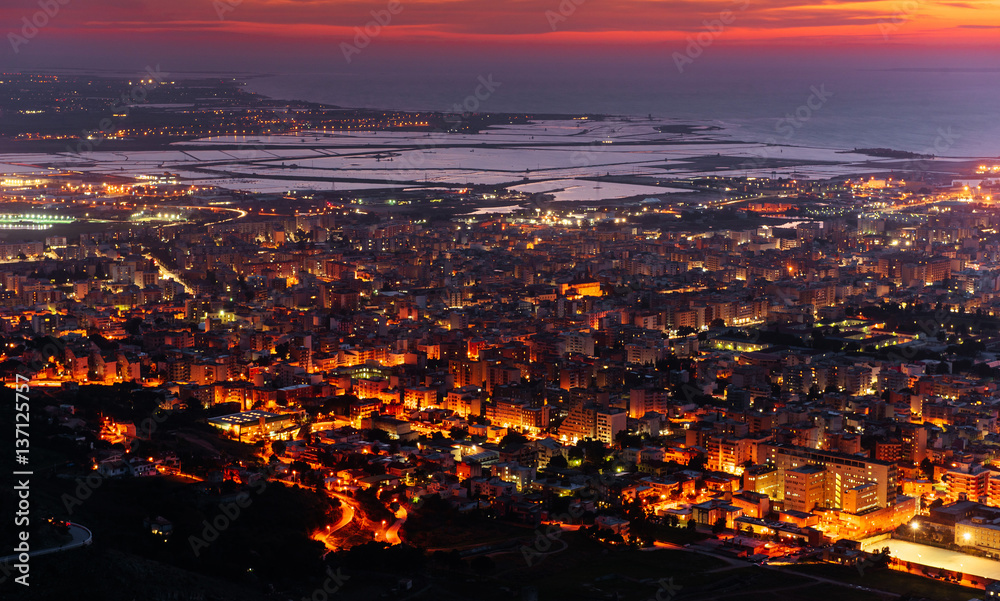 city with a night on the beach. Sicily Italy Europe