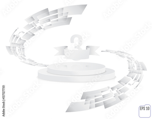 White round podium. Pedestal. 3D. Scene.  Two-level podium. Stage for awards ceremony. Thrid place. Winner, number three background. Vector illustration.