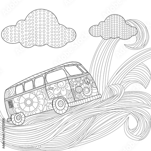 Hippie vintage car minivan on a wave in the sky vector illustration