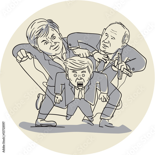 Puppeteers Fighting Over Puppet Oval Cartoon