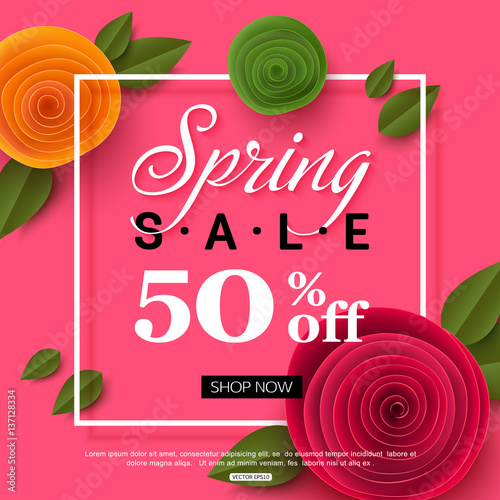 Spring sale banner with paper flowers for online shopping, advertising actions, magazines and websites. Vector illustration.